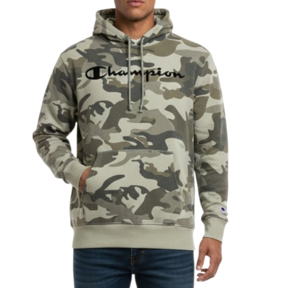 Champion Camo Hoodie Mens Medium Velvet Spellout Logo Streetwear Gorpcore OLI